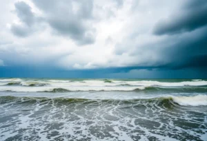 Turbulent ocean waves and storm clouds over Virginia coast
