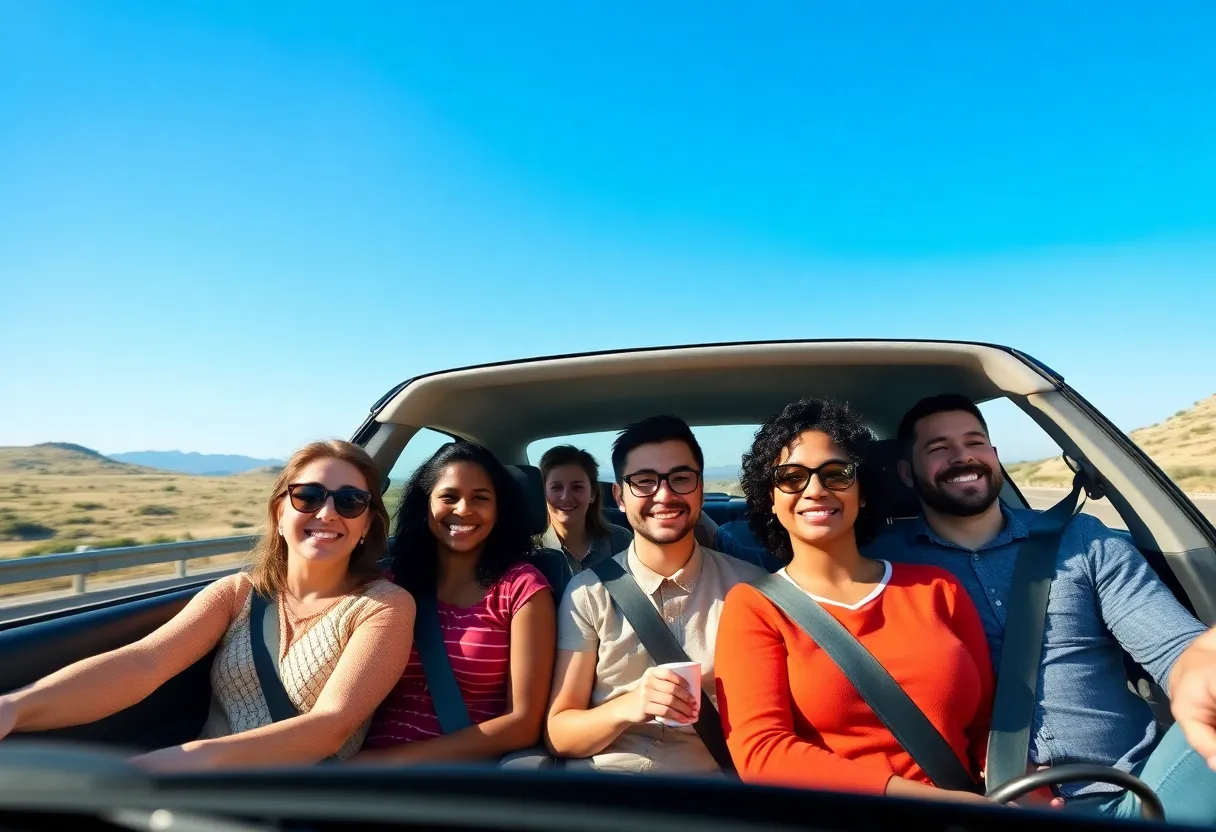 Diverse adults in a car wearing seatbelts on a highway