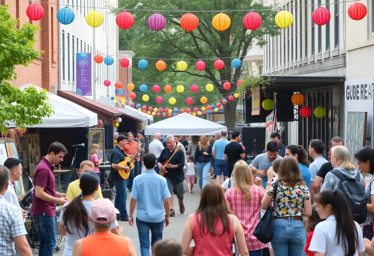 Community members enjoying the Williamsburg Arts Festival with live music and art activities.