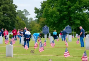 Volunteers placing flags at graves in Cedar Grove Cemetery