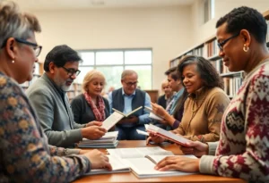 Group of individuals sharing genealogy research in a community library