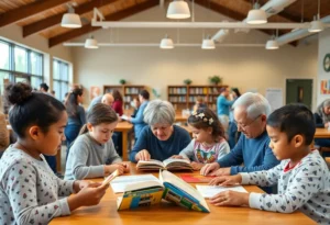 Community members participating in literacy activities at the community center