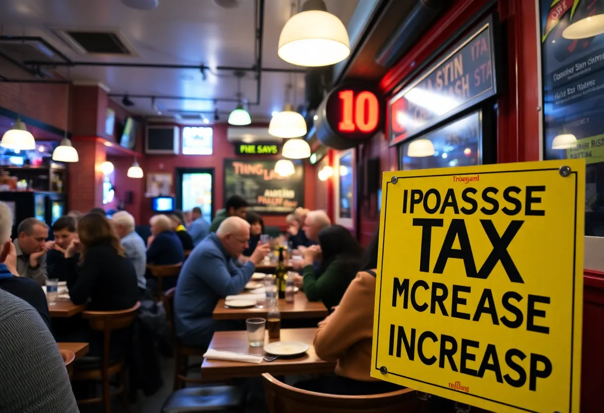 Outdoor dining scene in Williamsburg with a tax increase sign