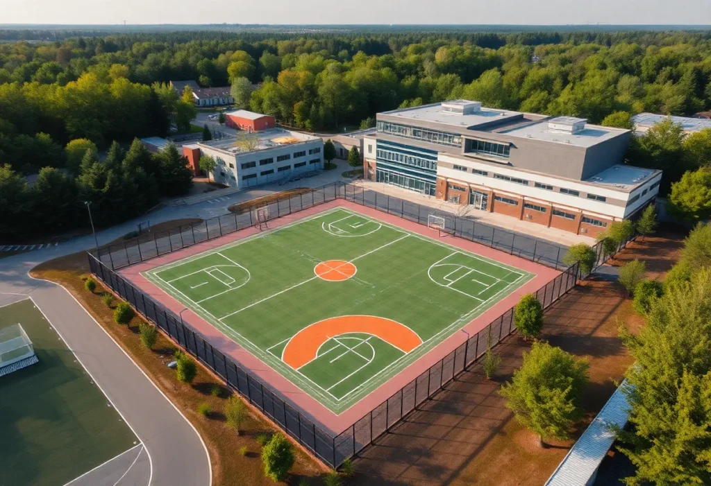 A modern sports complex in Williamsburg featuring basketball courts and a turf field.