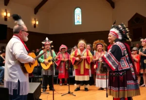 Concert scene honoring Native American culture with musicians and dancers