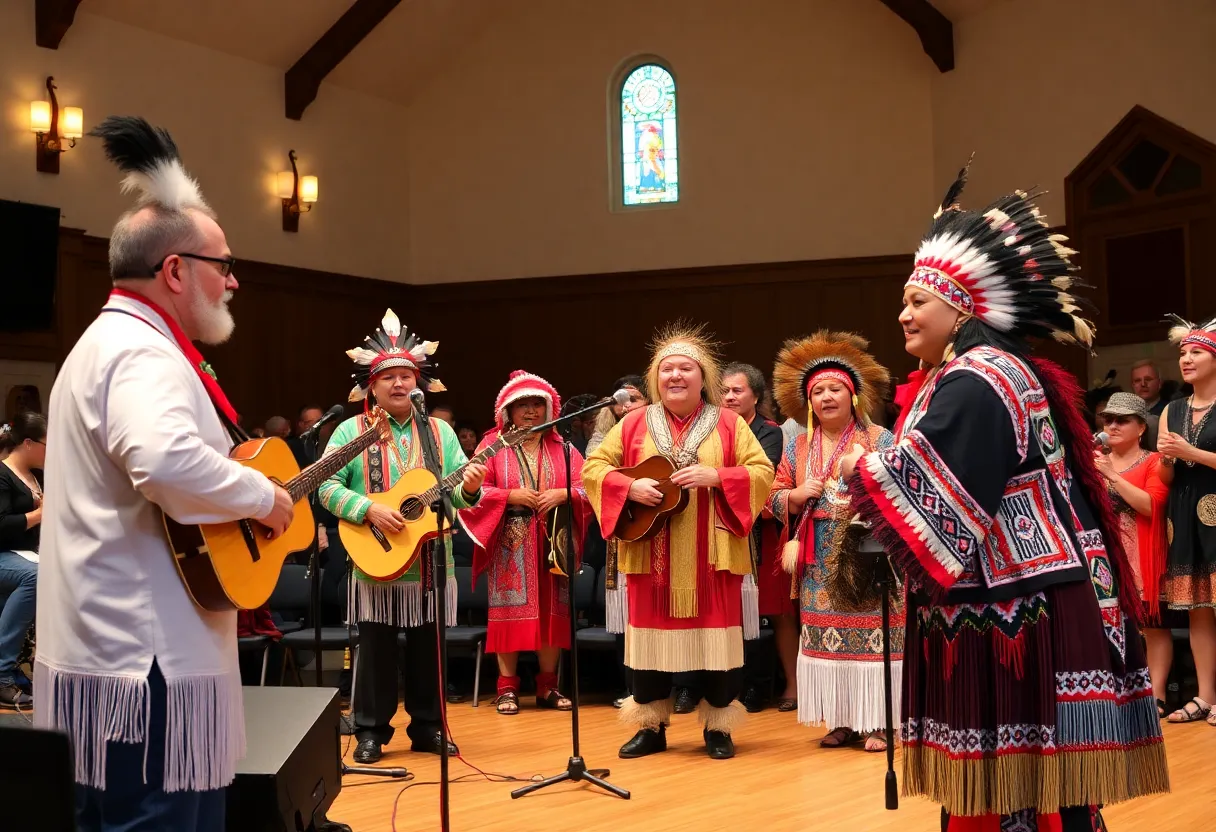 Concert scene honoring Native American culture with musicians and dancers