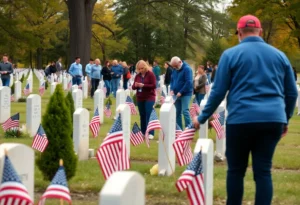 Volunteers setting flags on veterans' graves in Williamsburg cemetery.