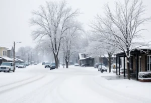 A snow-covered street in Williamsburg, Virginia during a winter storm