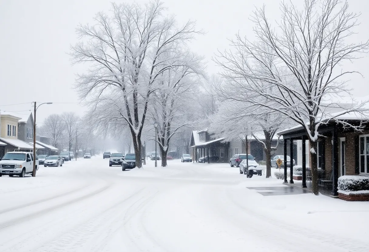 A snow-covered street in Williamsburg, Virginia during a winter storm