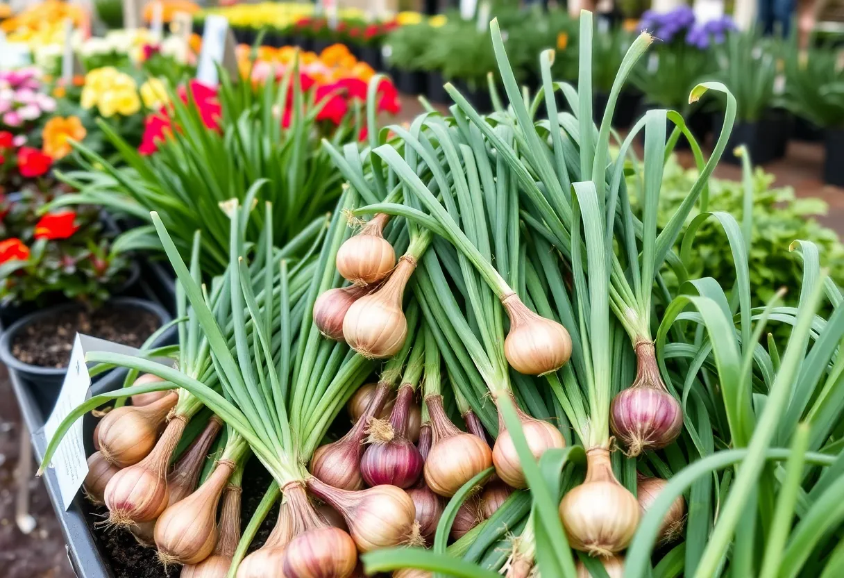 Plants including Yorktown onions displayed at a plant sale