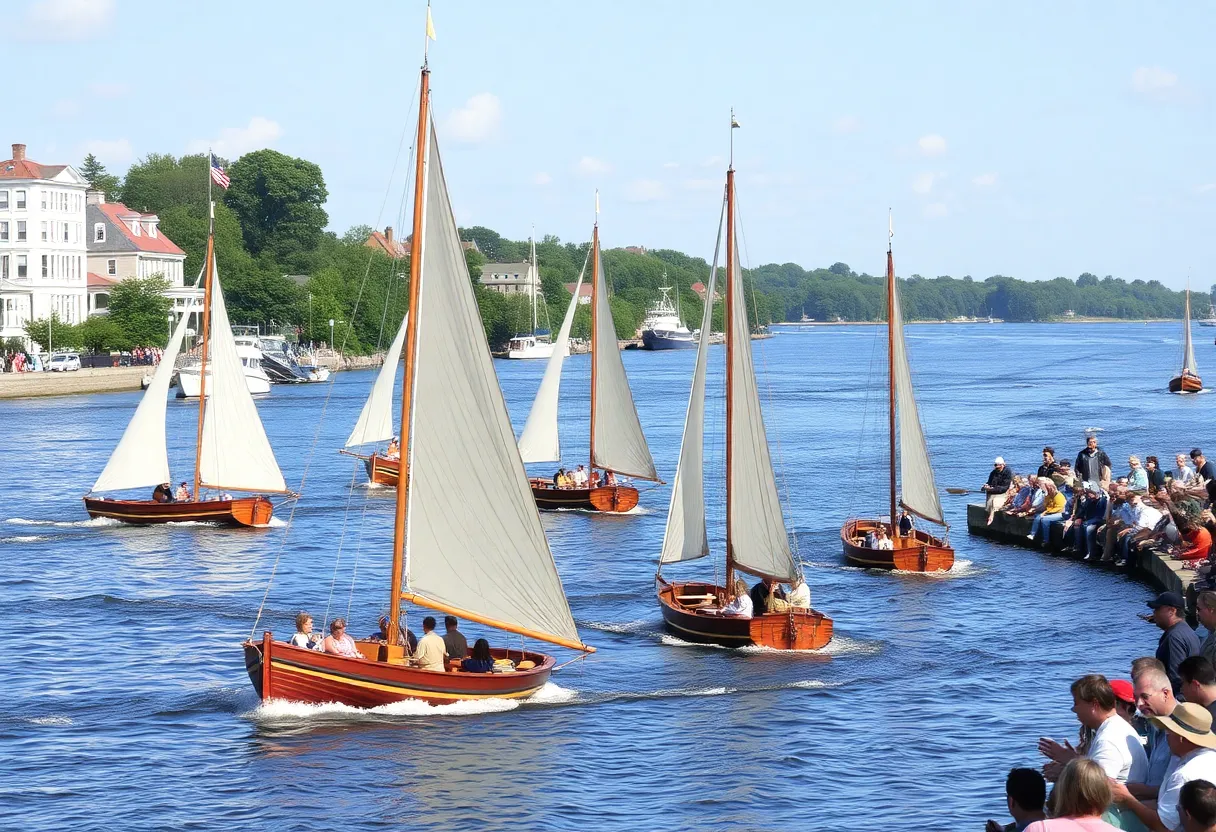 Boats racing on the York River during the Yorktown Workboat Races