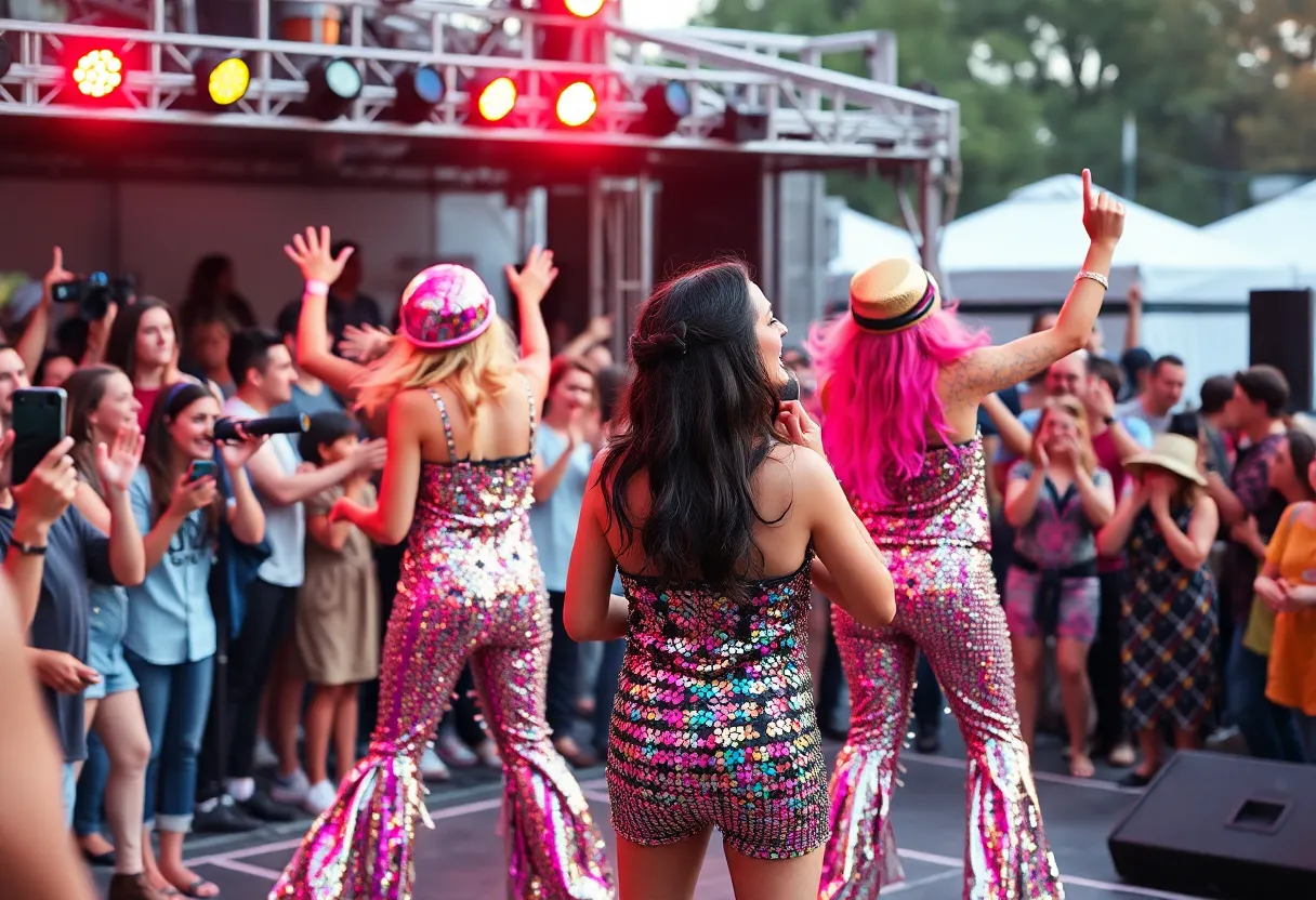 Performers in sequin costumes performing at the ABBA Tribute Concert