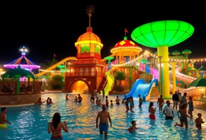 Illuminated water park with guests enjoying the AquaGlow event