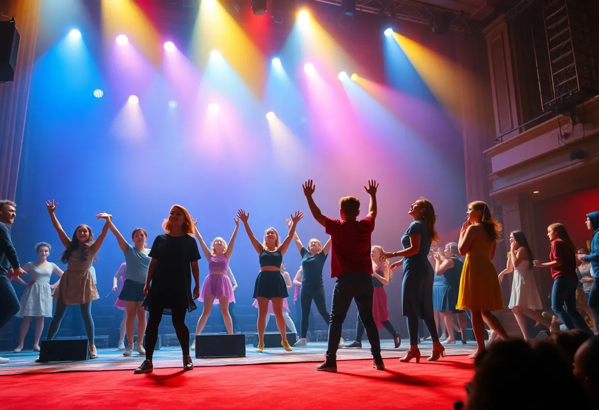 Theater stage with performers for Newsies musical