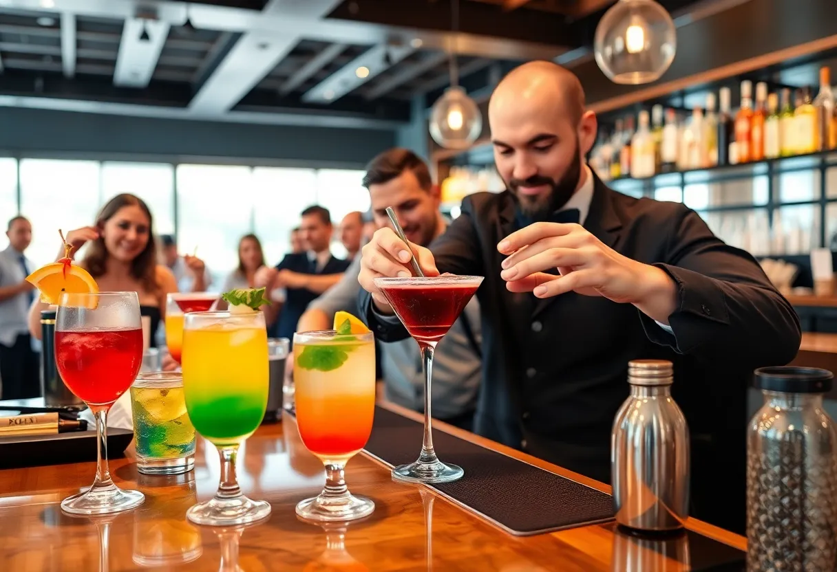 Participants learning cocktail-making in a lively atmosphere