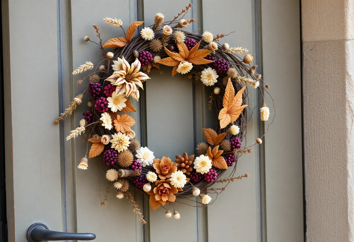 A traditional holiday wreath made from colonial materials on a historic door.