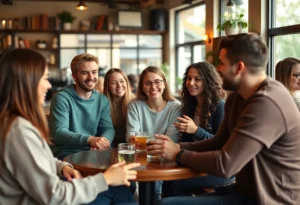 Young adults gathering at a coffee shop for a social meetup.