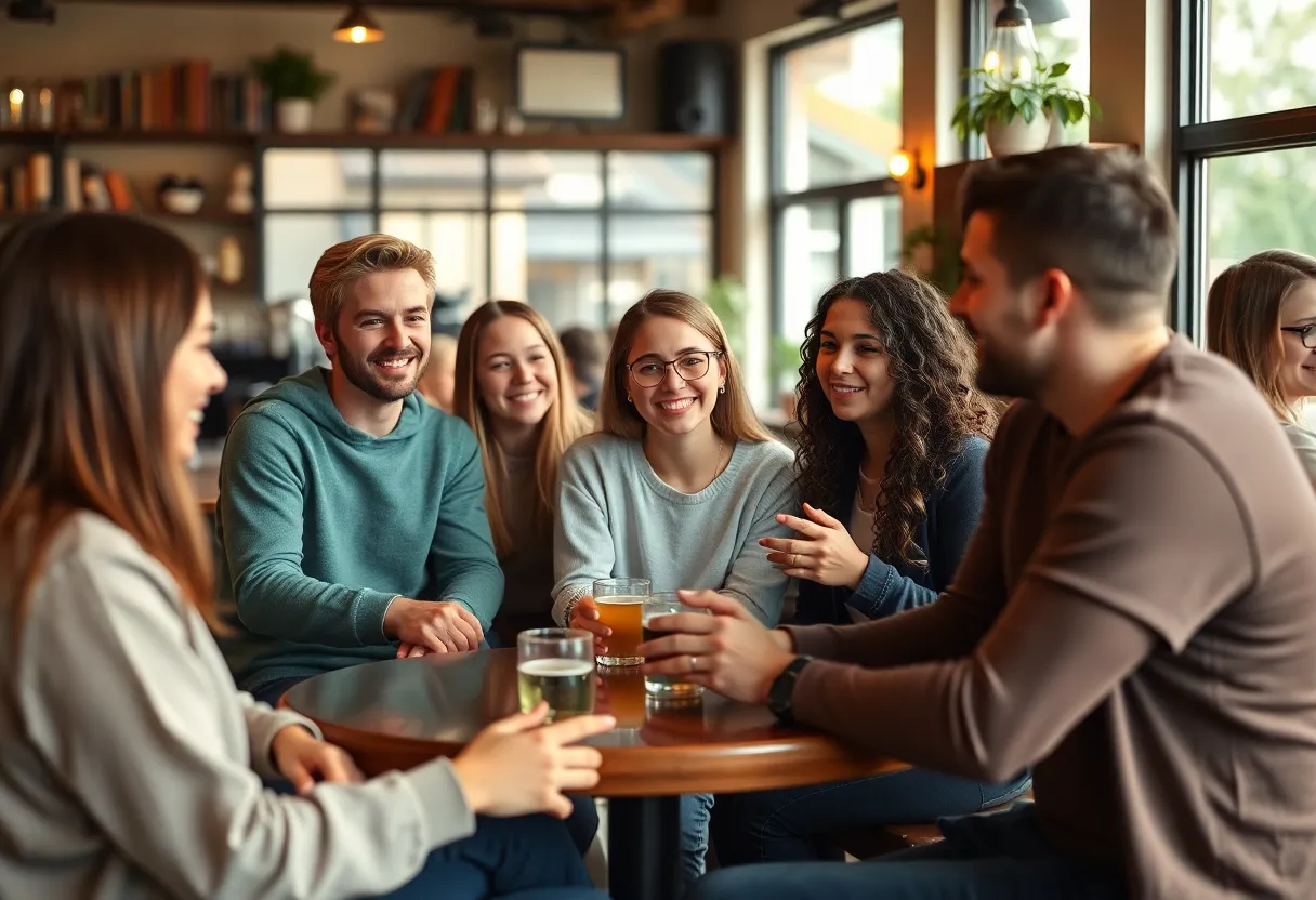 Young adults gathering at a coffee shop for a social meetup.