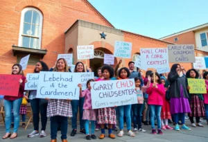 Families rallying outside Nuestros Niños Child Care Center in Williamsburg