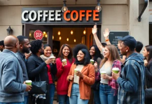 Community members gather outside Buddies Coffee supporting the local business.