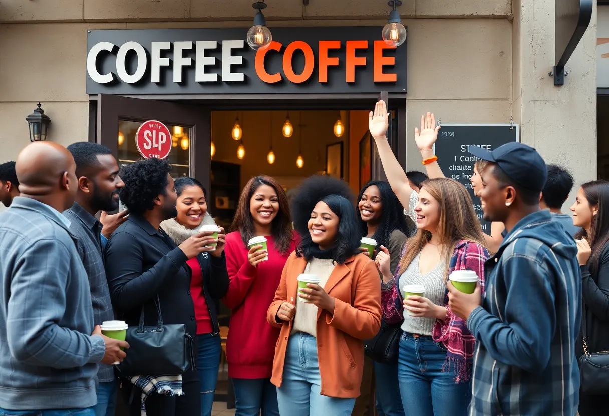 Community members gather outside Buddies Coffee supporting the local business.