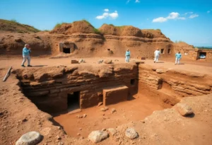 Archaeological excavation revealing artifacts at the Williamsburg Bray School site