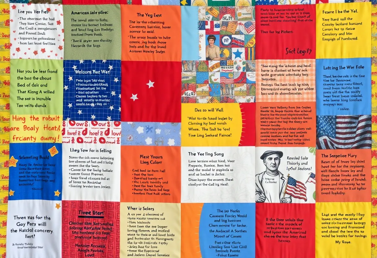 Large colorful quilt made from fabric panels telling diverse personal stories.