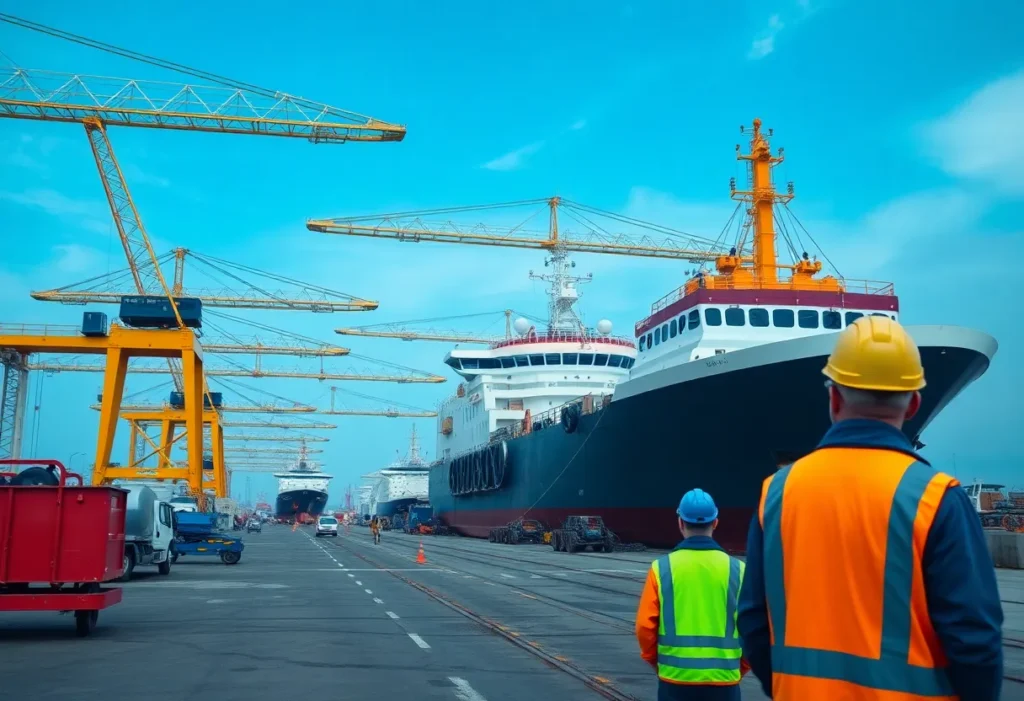 Workers at HII Newport News Shipbuilding yard with ships in the background