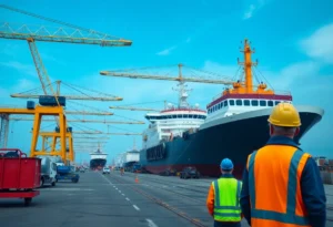 Workers at HII Newport News Shipbuilding yard with ships in the background