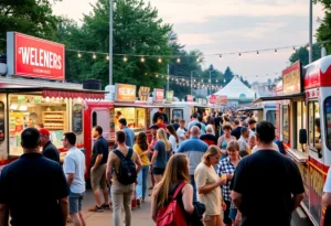 Food trucks serving at an outdoor festival with happy visitors enjoying the food.