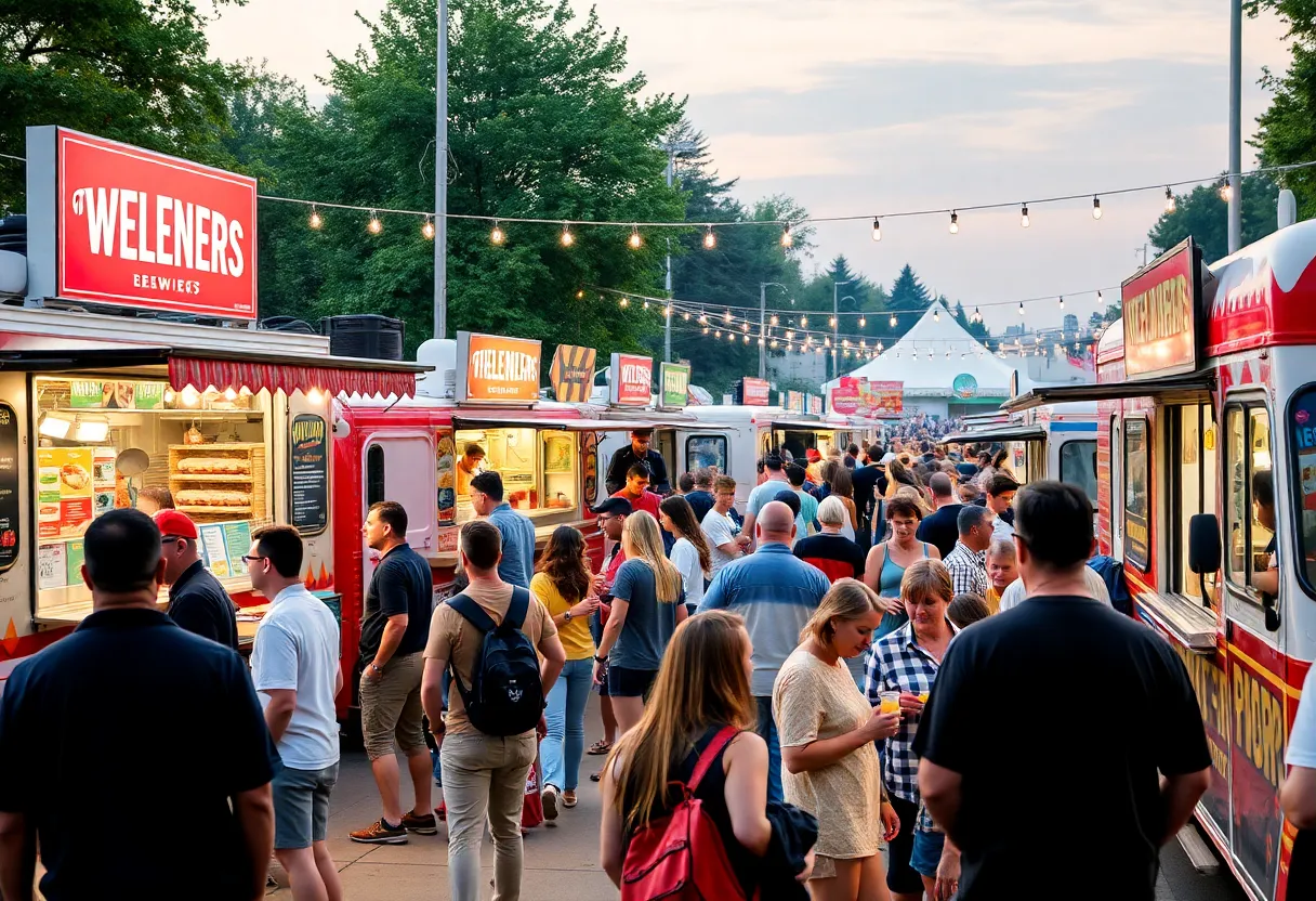 Food trucks serving at an outdoor festival with happy visitors enjoying the food.