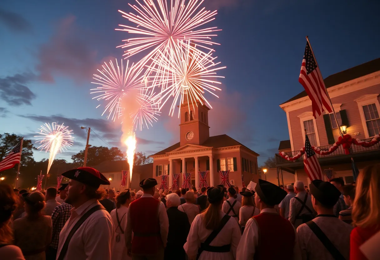 Celebration of Independence Day at Colonial Williamsburg with fireworks