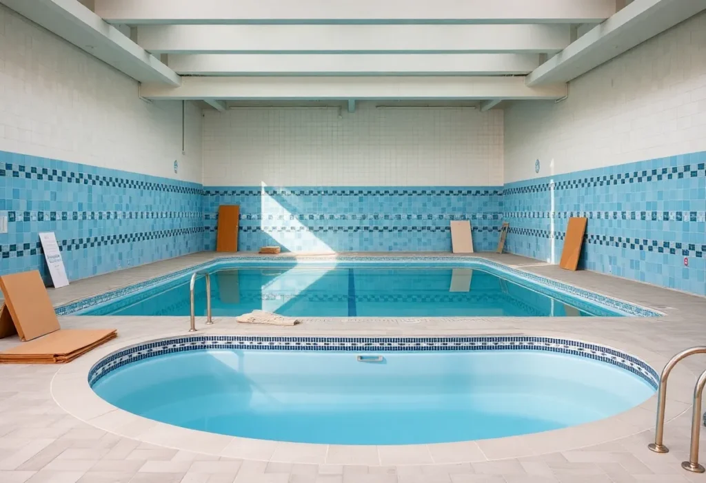 JCC Recreation Center pool seen under renovation with construction materials