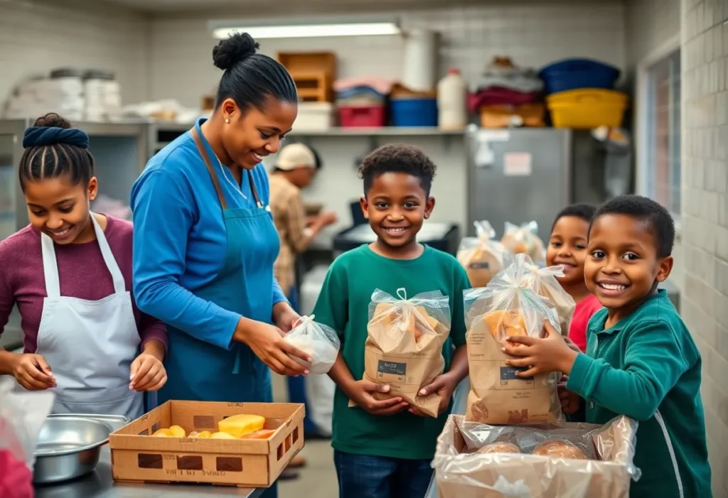 Volunteers preparing meals for children in a community kitchen.