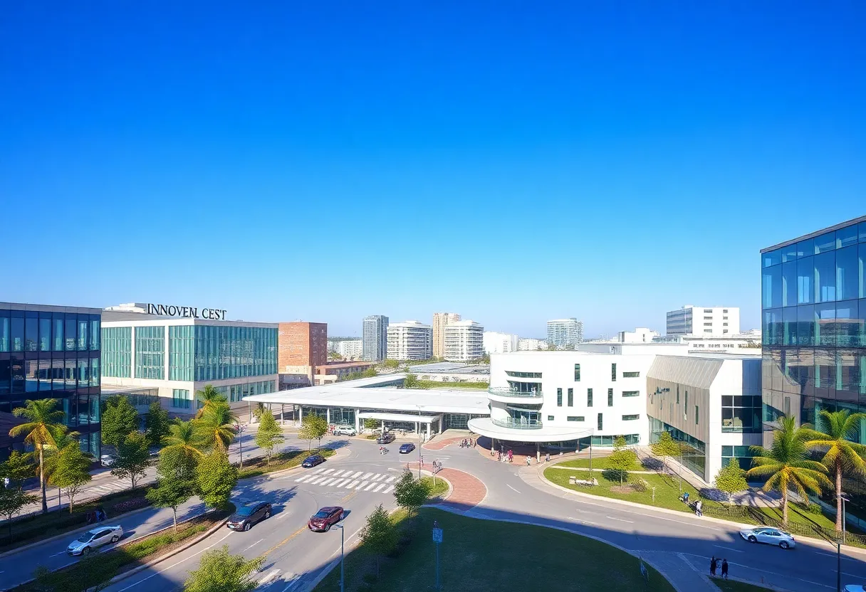 Concept art of Newport News innovation district showcasing modern facilities and collaborative spaces.