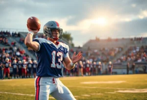 High school quarterback throwing football on field