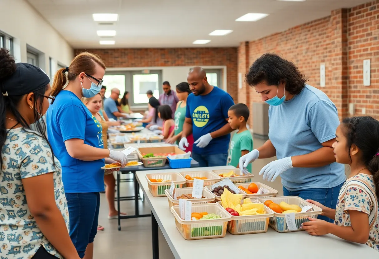Volunteers serving meals in a community center for children