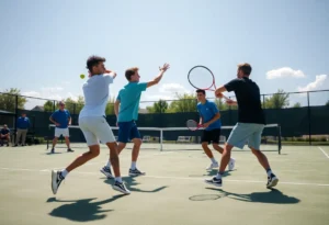 Troy men's tennis team playing a match outdoors
