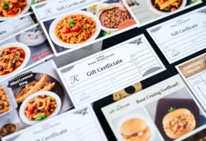 Display of Williamsburg restaurant gift certificates promoting local dining support.