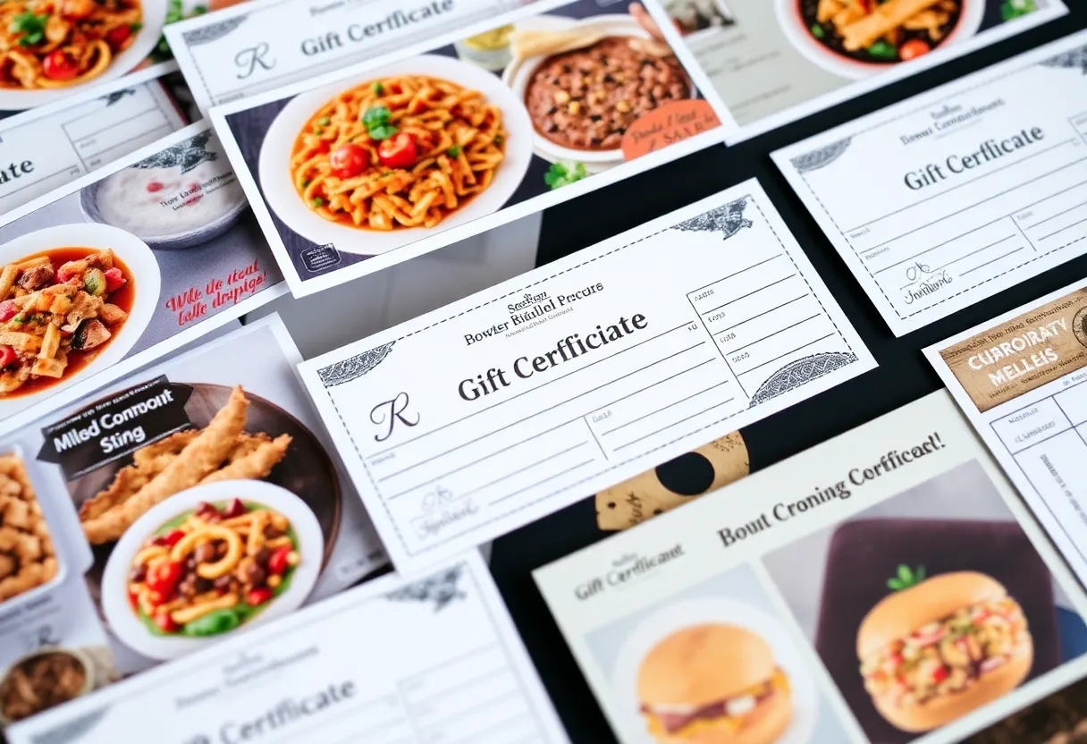 Display of Williamsburg restaurant gift certificates promoting local dining support.