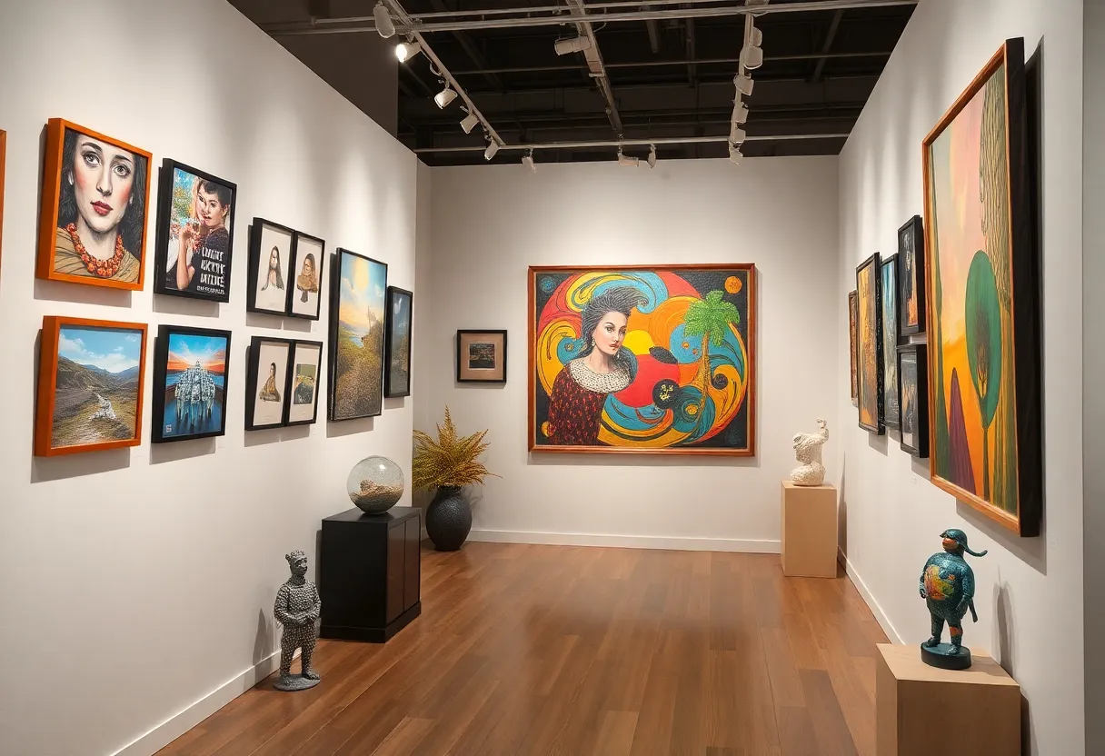 Display of artistic interpretations and photographs at the Williamsburg Contemporary Art Center