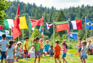 Children participating in activities at Camp Skimino with international counselors.