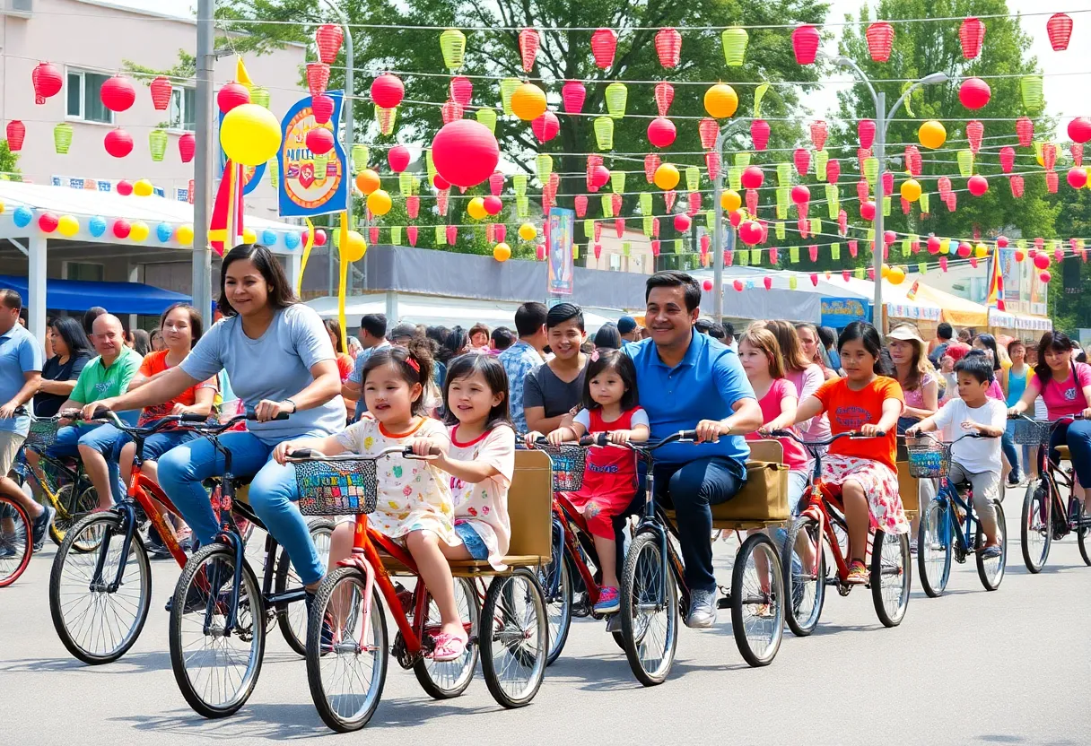 Families and children participating in the CDR SuperHero Trike Trek parade with colorful tricycles.