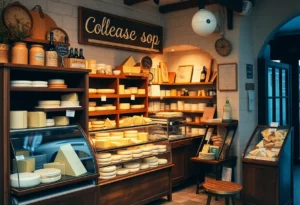 Interior of a local cheese shop showcasing various cheeses and a warm ambiance