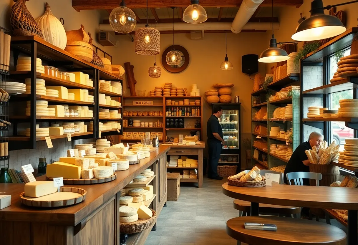 Interior of The Cheese Shop with cheeses and gourmet sandwiches