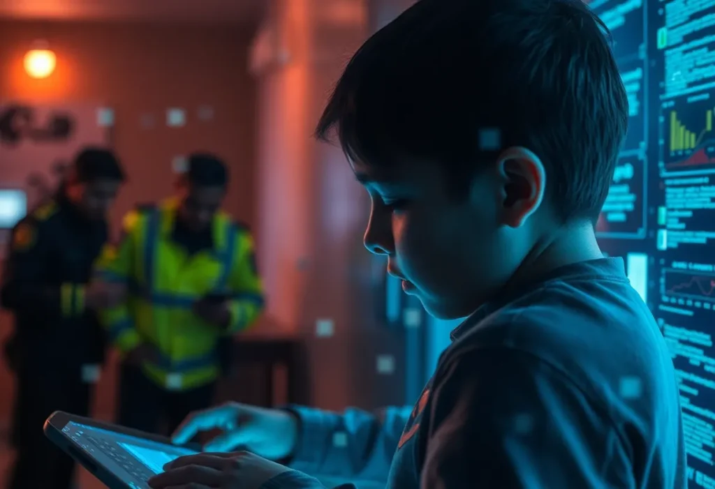 Abstract art depicting child exploitation awareness and law enforcement