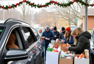 Community members participating in a drive-thru food drive