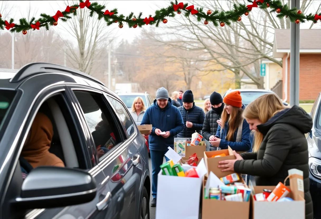 Community members participating in a drive-thru food drive