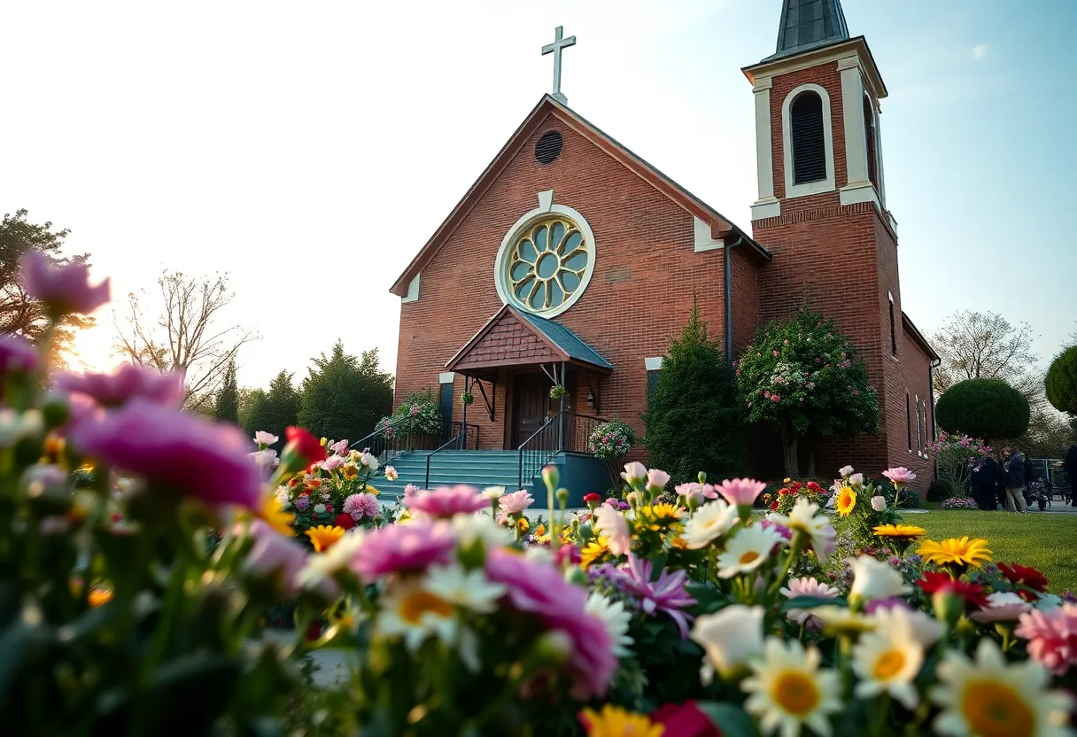 A peaceful church scene with blooming flowers.
