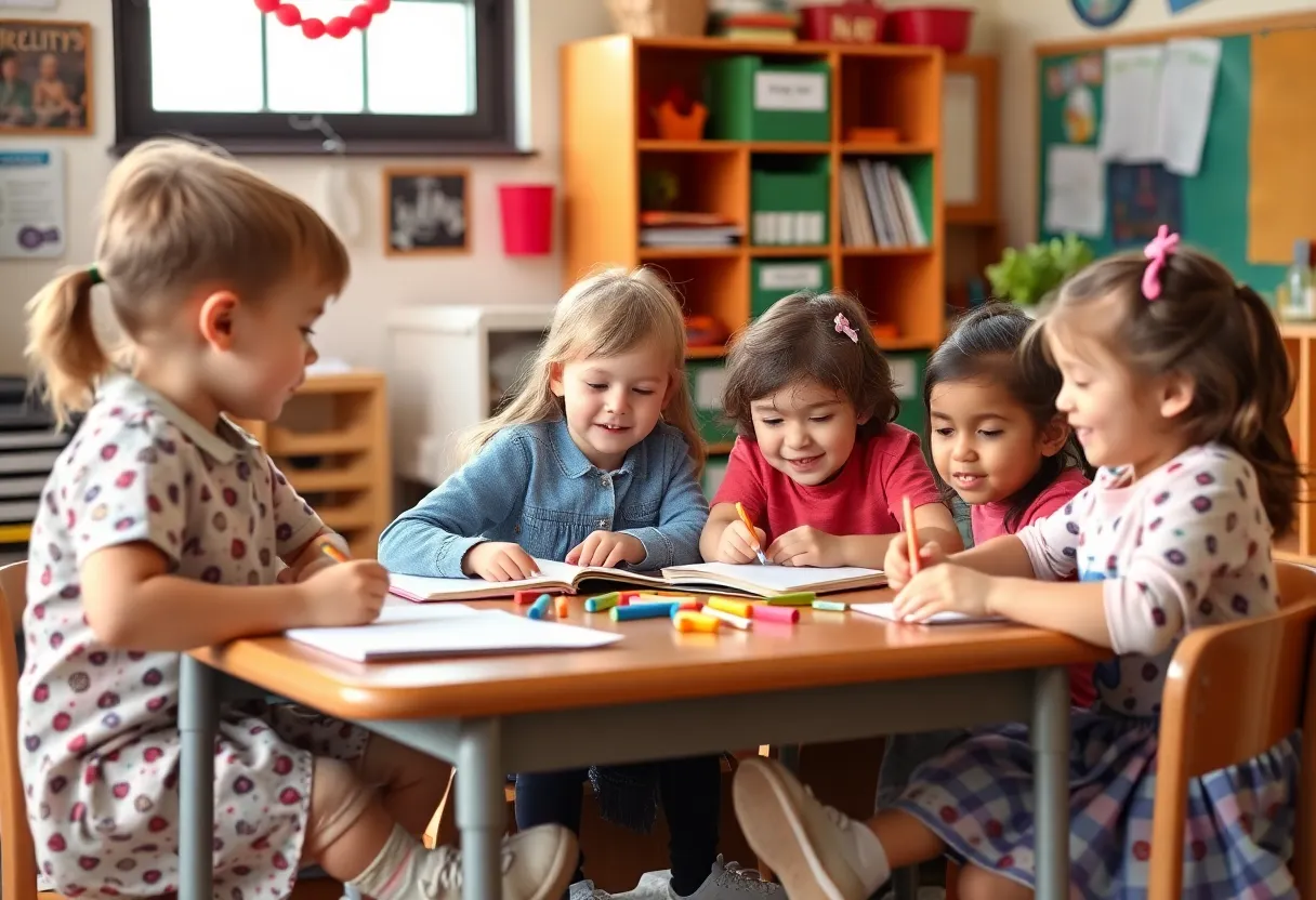 Children engaged in learning activities in a classroom